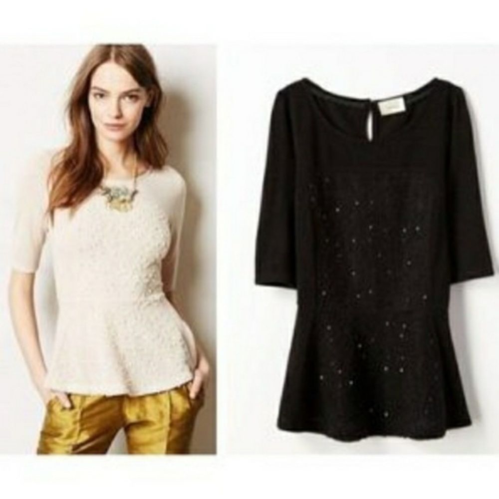 Anthropologie Deletta Black Boucle Shimmer Sequin Peplum Sweater L